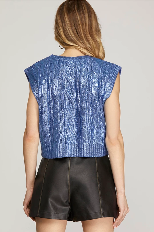 SLEEVELESS CABLE KNIT METALLIC CROP SWEATER*AVAILABLE IN BLUE OR GOLD