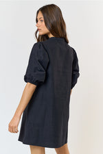 Linen Front Bow Detail Puff Sleeve Mini Dress