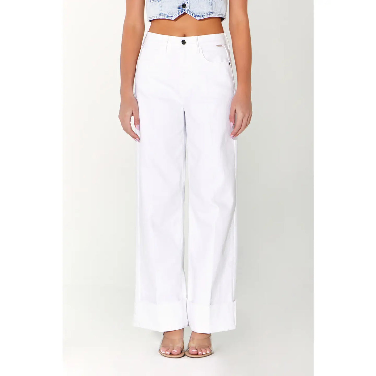 White High Rise Wide Leg with Self High Cuffed Hem