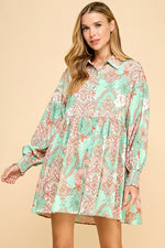 Abstract Print Button Down Shirt Dress- Mint