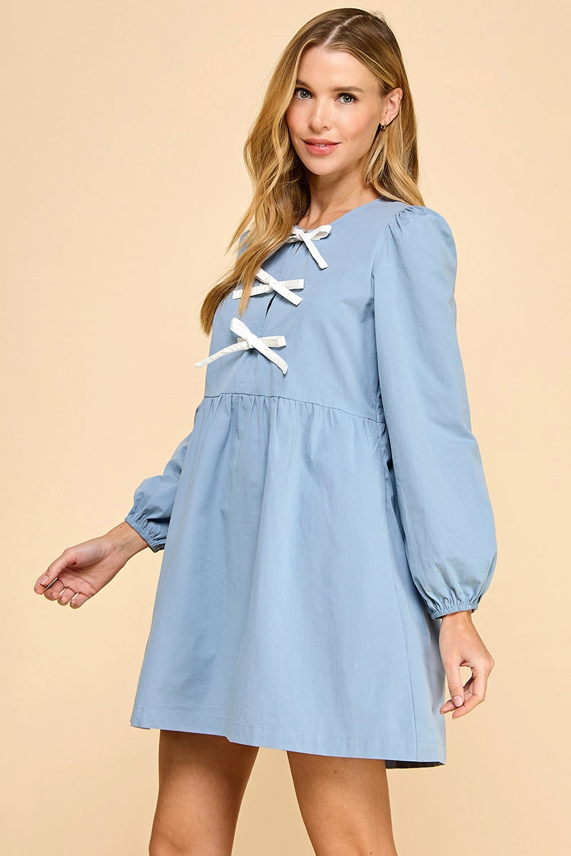 Light Blue Side Pockets Bow Detail Dress