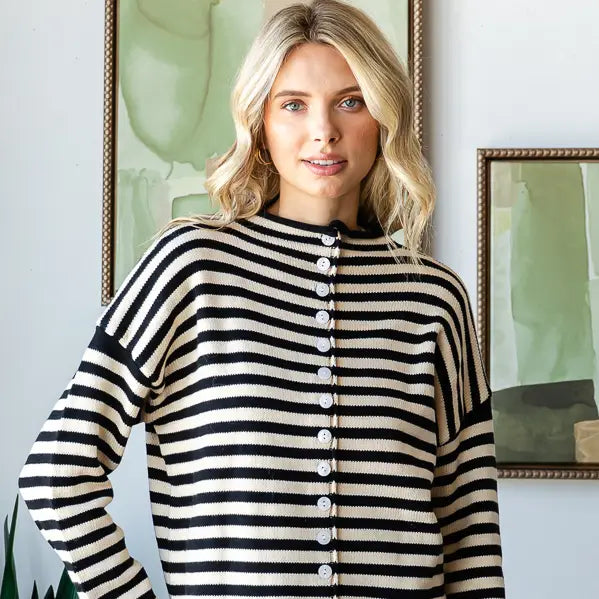 Mock Neck Stripe Sweater - Black and Cream