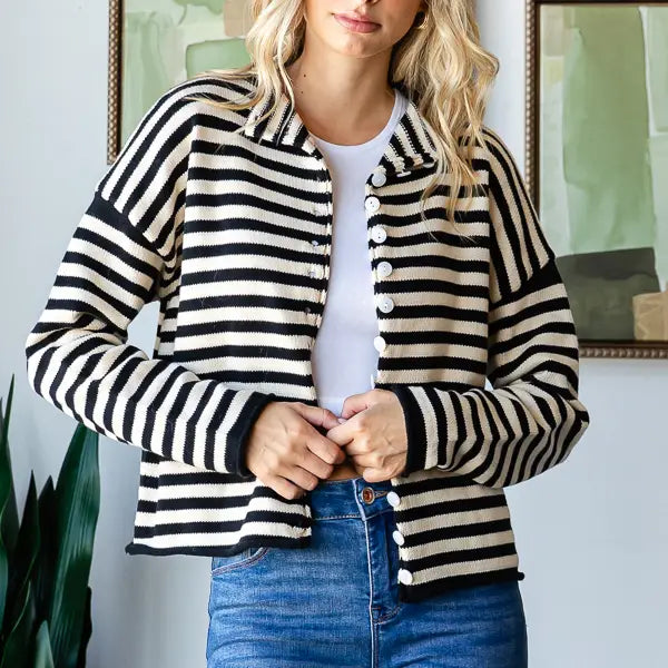 Mock Neck Stripe Sweater - Black and Cream