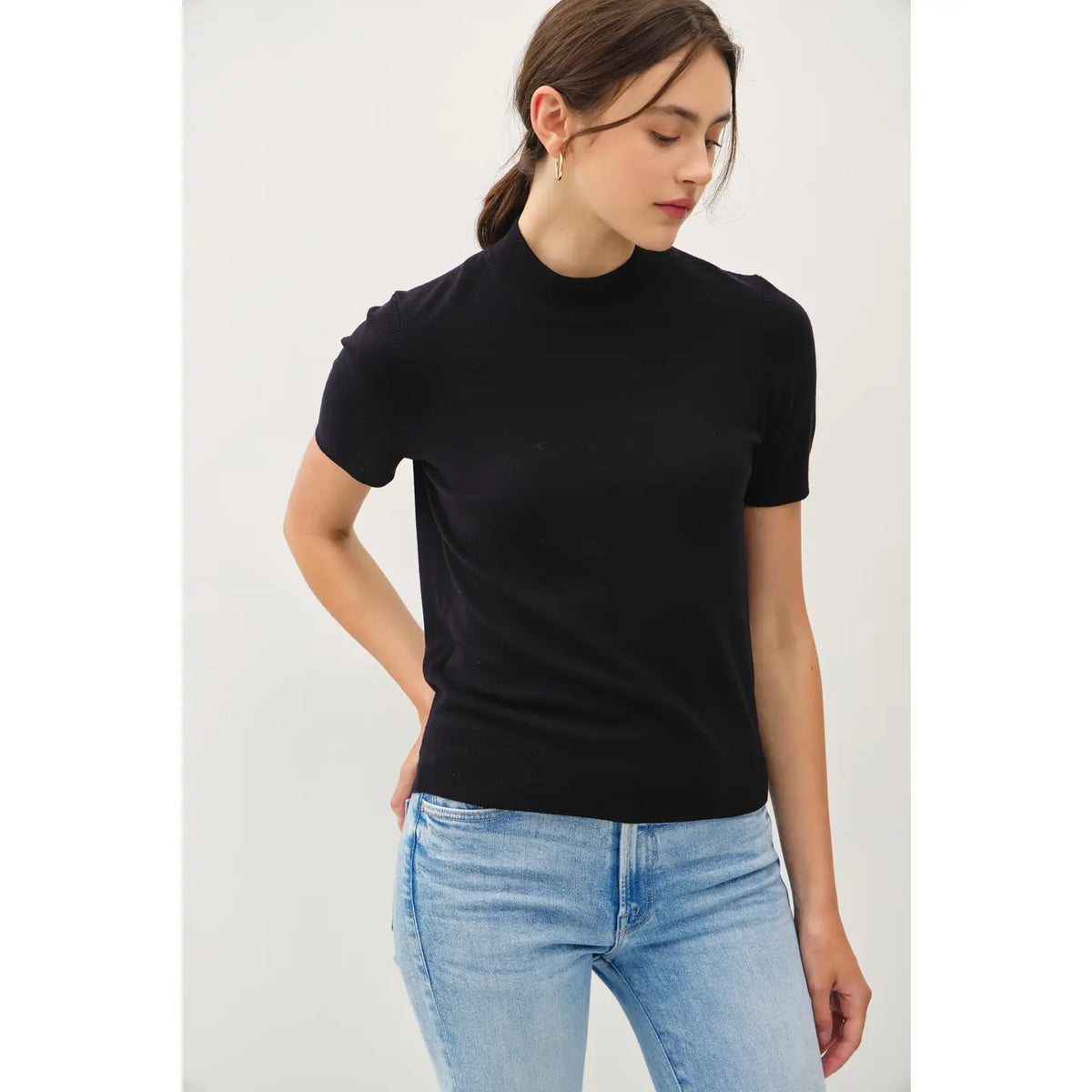 Short Sleeve Mock Neck Lightweight Sweater