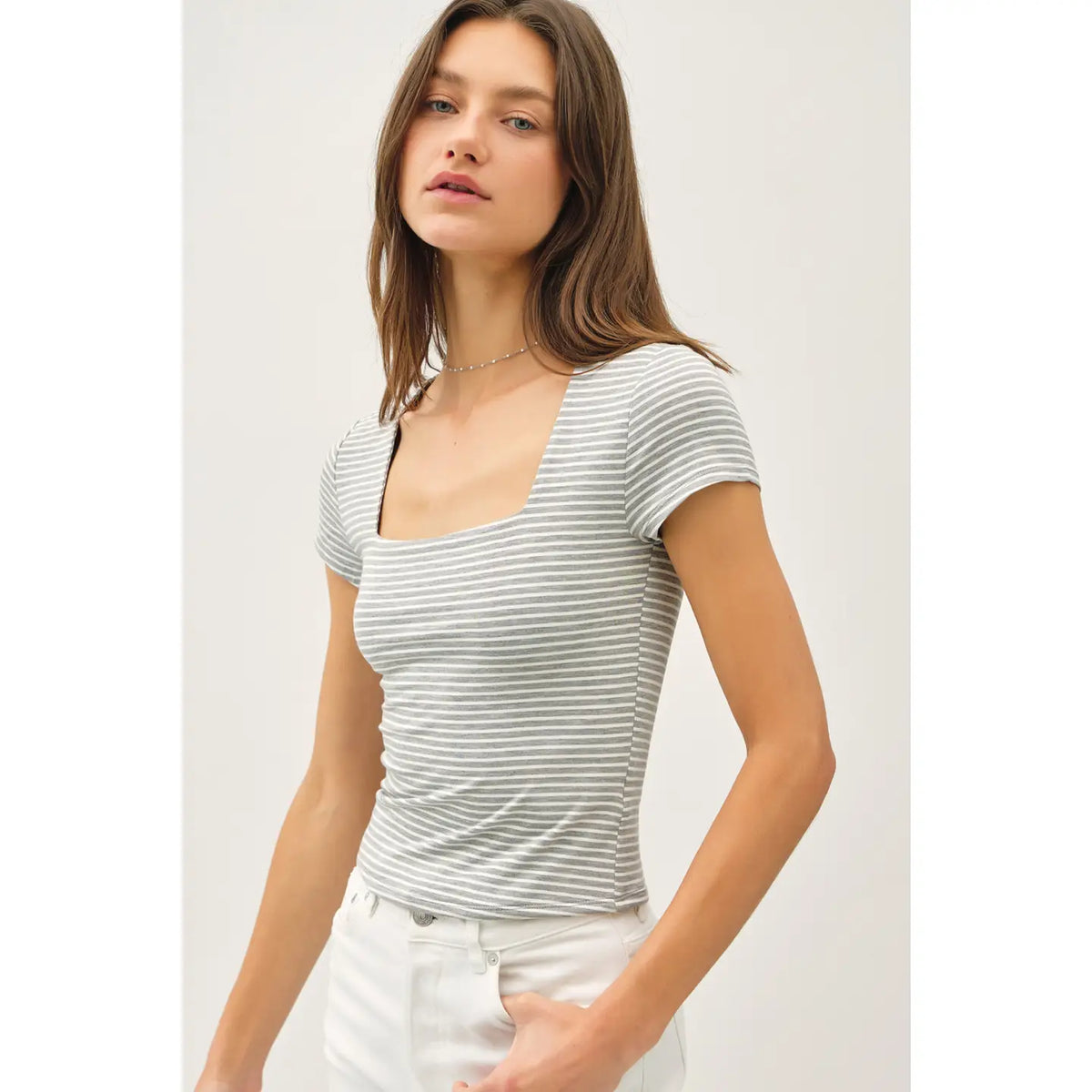 Ultra Soft Double Lined Striped Square Neck Top- Heather Gray Stripe