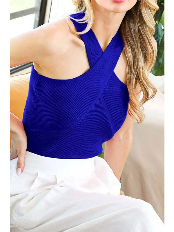 CROSS HALTER KNIT SWEATER TOP- 2 color options! Royal Blue or White