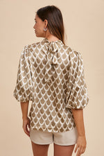 Abstract Print Mock Neck Tie Back Blouse
