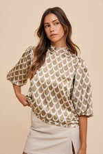 Abstract Print Mock Neck Tie Back Blouse