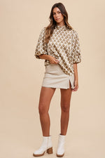 Abstract Print Mock Neck Tie Back Blouse