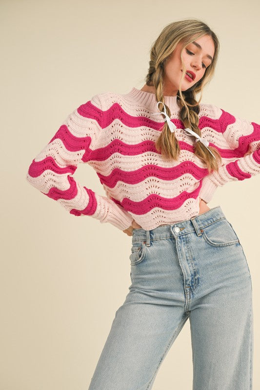 Wave Pattern Pointelle Cropped Sweater- Hot Pink/Blush