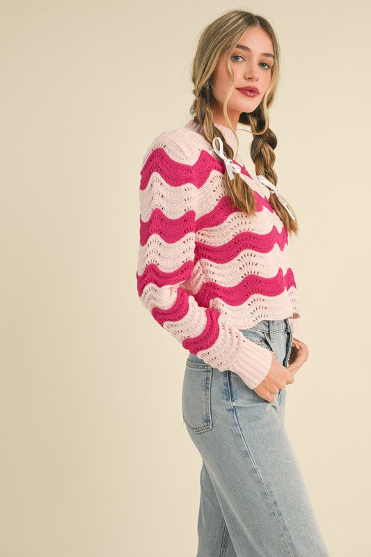 Wave Pattern Pointelle Cropped Sweater- Hot Pink/Blush