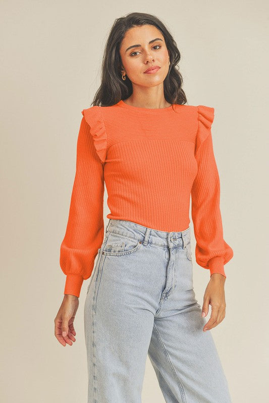 Shoulder Ruffle Crew Neck Sweater -*Tangerine Tango🧡 or Mineral Yellow💛