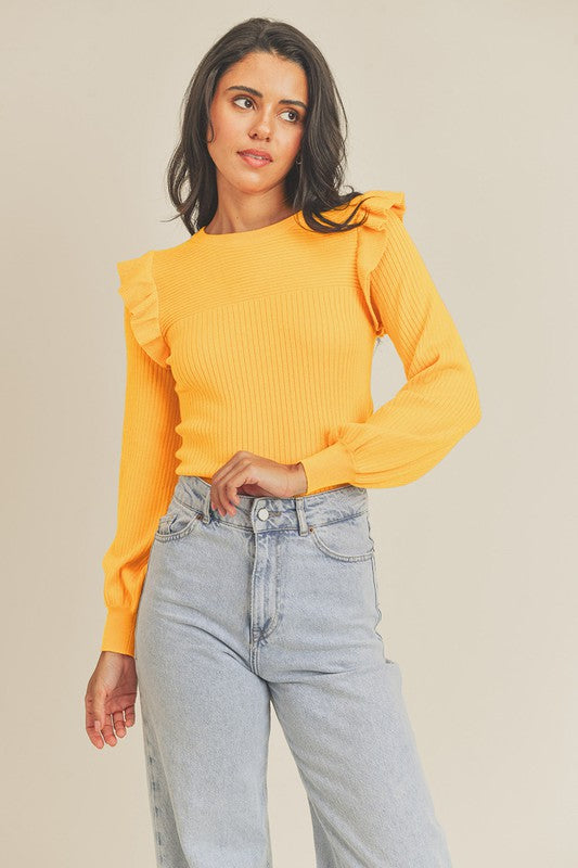 Shoulder Ruffle Crew Neck Sweater -*Tangerine Tango🧡 or Mineral Yellow💛