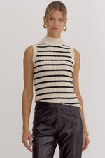 Mock Neck Sleeves Stripe Knit Top with Asymmetrical Hem