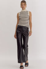 Mock Neck Sleeves Stripe Knit Top with Asymmetrical Hem