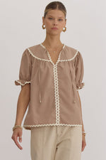 TAUPE TOP WITH IVORY RICK RACK