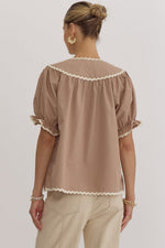 TAUPE TOP WITH IVORY RICK RACK