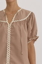 TAUPE TOP WITH IVORY RICK RACK