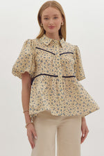 Ecru Bubble Sleeve Floral Button Down Top with Navy Piping Bow Sides