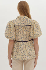 Ecru Bubble Sleeve Floral Button Down Top with Navy Piping Bow Sides