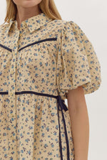 Ecru Bubble Sleeve Floral Button Down Top with Navy Piping Bow Sides