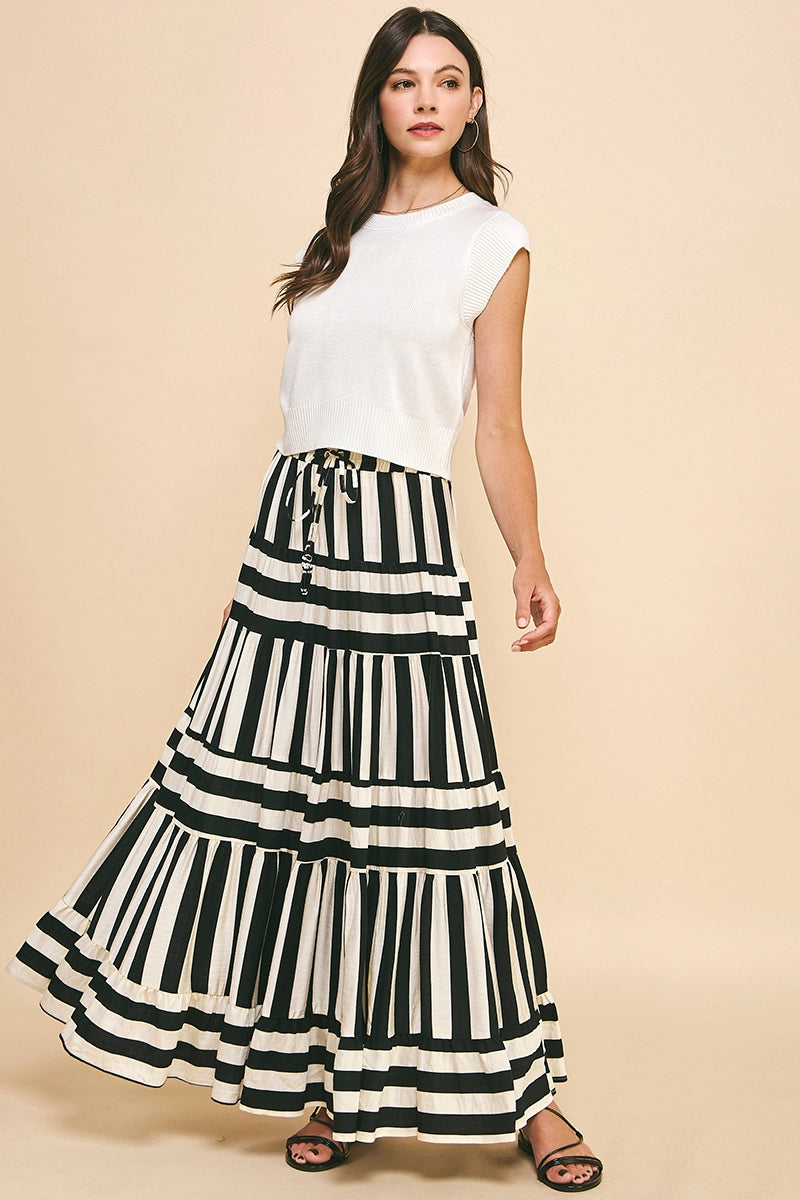 Stripe Tiered Maxi Skirt Black and Off White