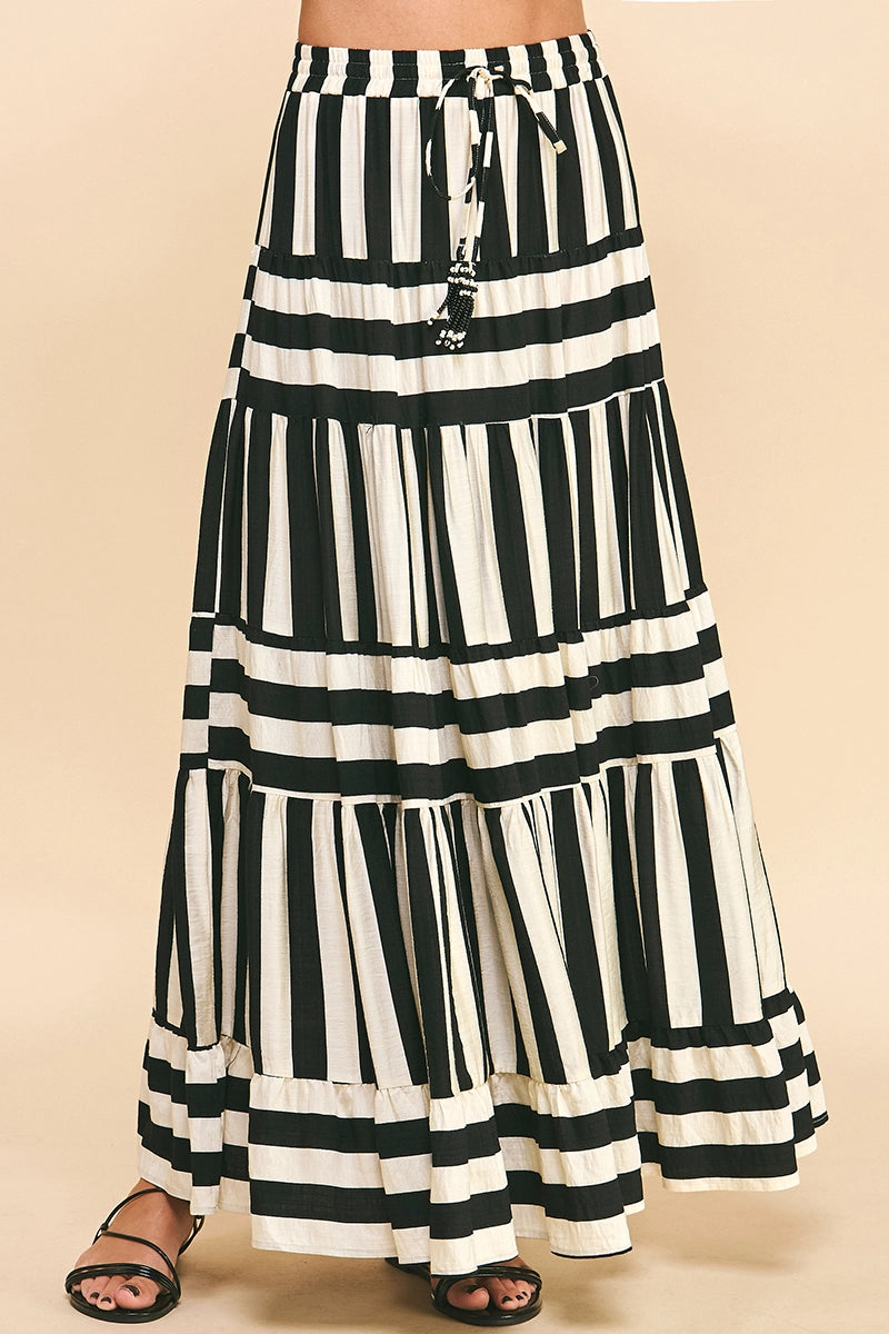 Stripe Tiered Maxi Skirt Black and Off White