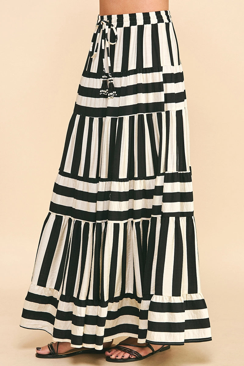 Stripe Tiered Maxi Skirt Black and Off White