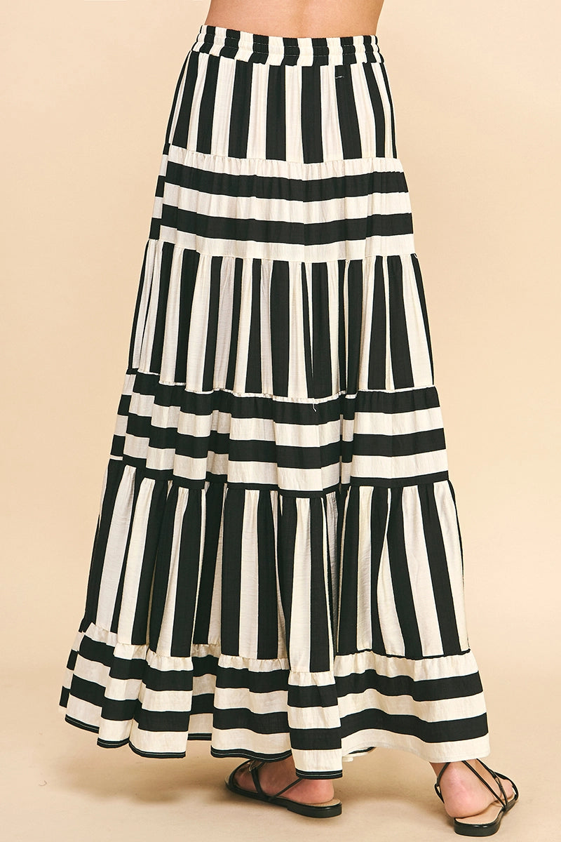 Stripe Tiered Maxi Skirt Black and Off White