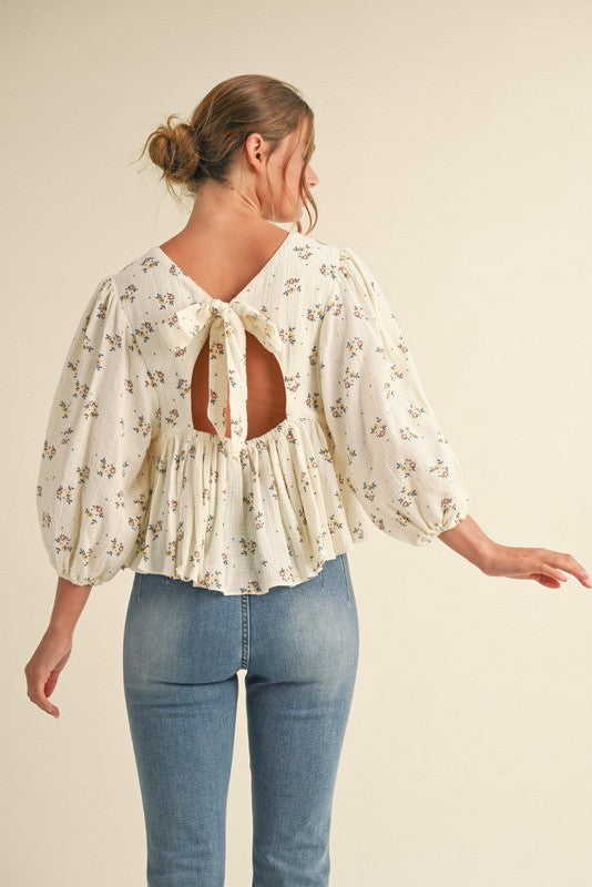 Floral Gauze Top with Bow Tie Back Detail