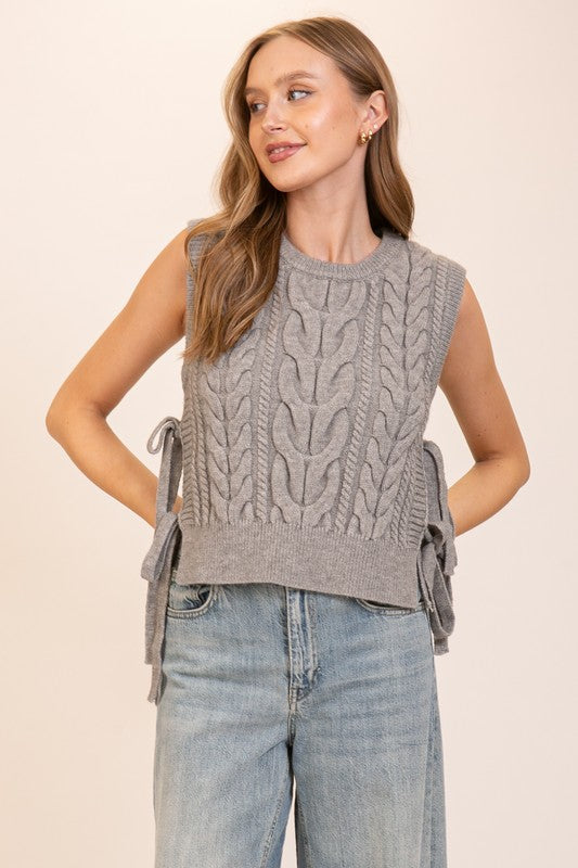 Sleeveless Cable Knit Sweater Vest with Side Ties