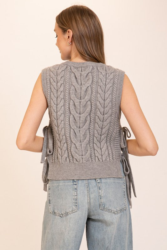 Sleeveless Cable Knit Sweater Vest with Side Ties