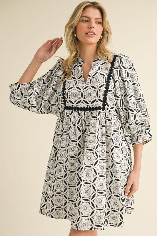 Geometric 3/4 Sleeve Dress with Pockets