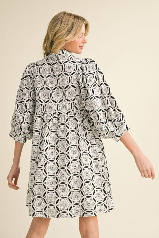 Geometric 3/4 Sleeve Dress with Pockets