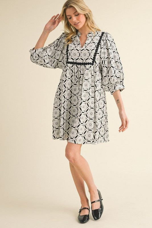 Geometric 3/4 Sleeve Dress with Pockets