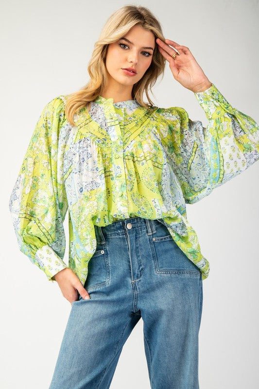 PRINTED BUTTON DOWN BLOUSE TOP