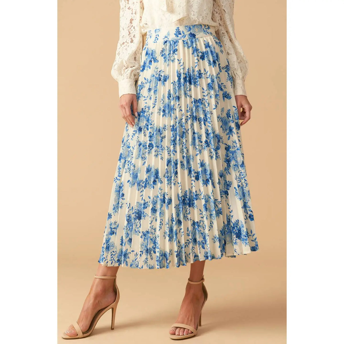 Blue and Ivory Floral Pleated Midi Skirt with Side Zipper