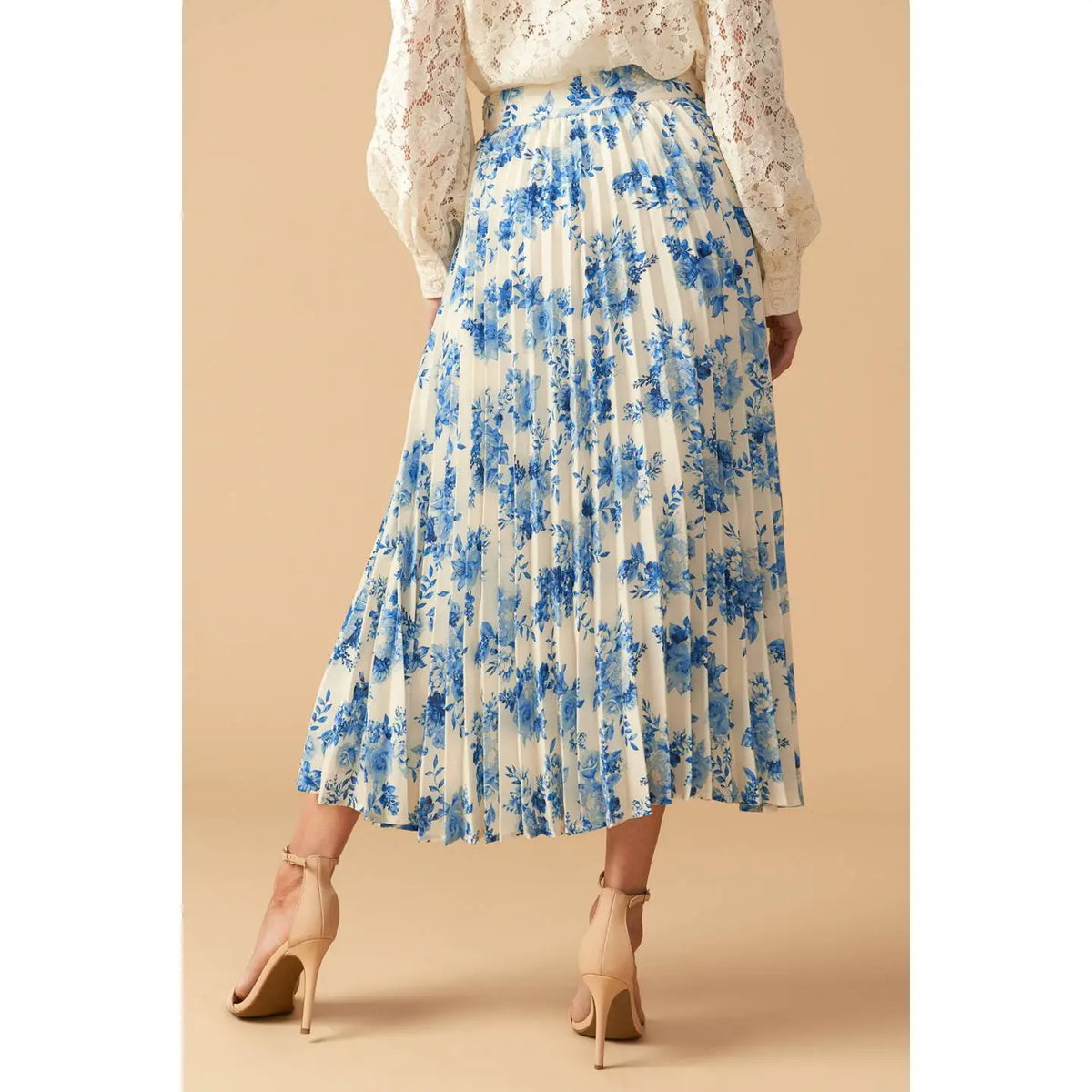 Blue and Ivory Floral Pleated Midi Skirt with Side Zipper