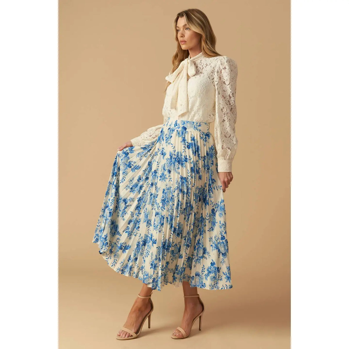 Blue and Ivory Floral Pleated Midi Skirt with Side Zipper