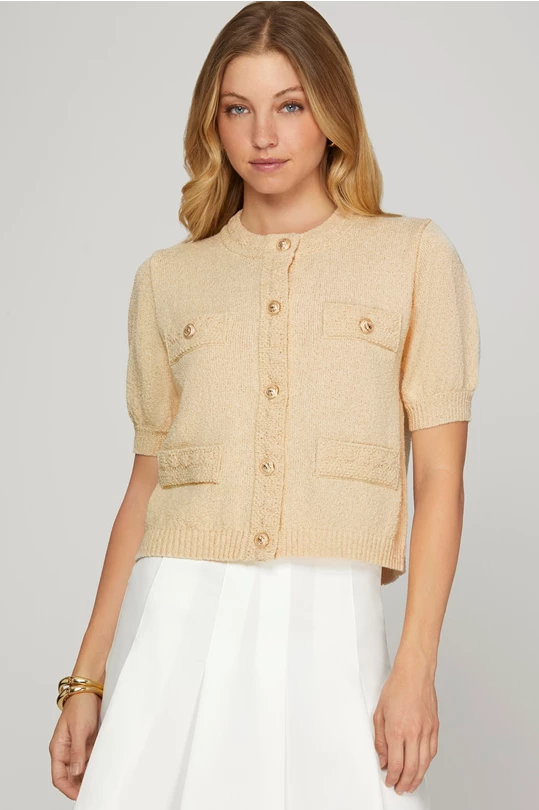 PUFF SLEEVE BUTTON UP SWEATER WITH FAUX POCKETS -ECRU