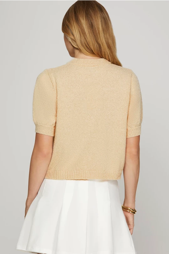 PUFF SLEEVE BUTTON UP SWEATER WITH FAUX POCKETS -ECRU