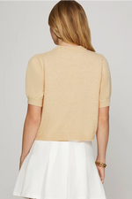 PUFF SLEEVE BUTTON UP SWEATER WITH FAUX POCKETS -ECRU