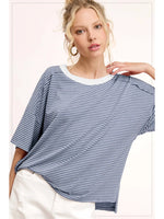 Basic Striped Drop Shoulder Short Sleeves Top** Light Gray or Blue