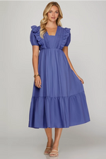 SHORT SLEEVE PINTUCK DETAIL SIDE POCKET MIDI DRESS