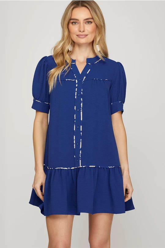 SHORT SLEEVE CONTRAST PIPING DRESS WITH POCKETS- Dark Blue