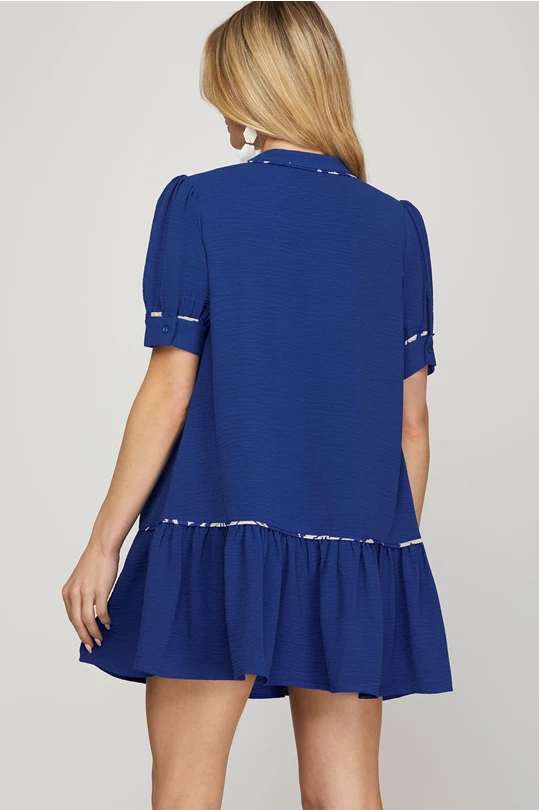 SHORT SLEEVE CONTRAST PIPING DRESS WITH POCKETS- Dark Blue