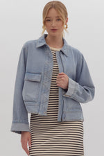 Denim Jacket with Diamond Stitch Zipper Trim Detail and Flap Pockets