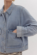 Denim Jacket with Diamond Stitch Zipper Trim Detail and Flap Pockets