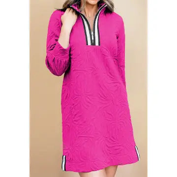 Textured Jacquard Zipper 3/4 Sleeve Dress** Available in Pink or Black