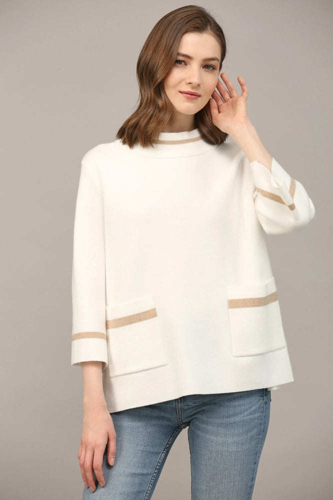 Contrast Lurex Mock Neck Sweater Cream/Gold